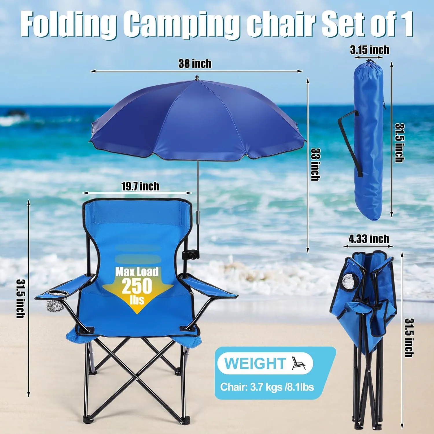1 Set Beach Chair with Umbrella Foldable Camping Chair Fold up Umbrella with Universal Clamp Large Portable for Outdoors Fishing Camping Hiking Travel Picnic Beach