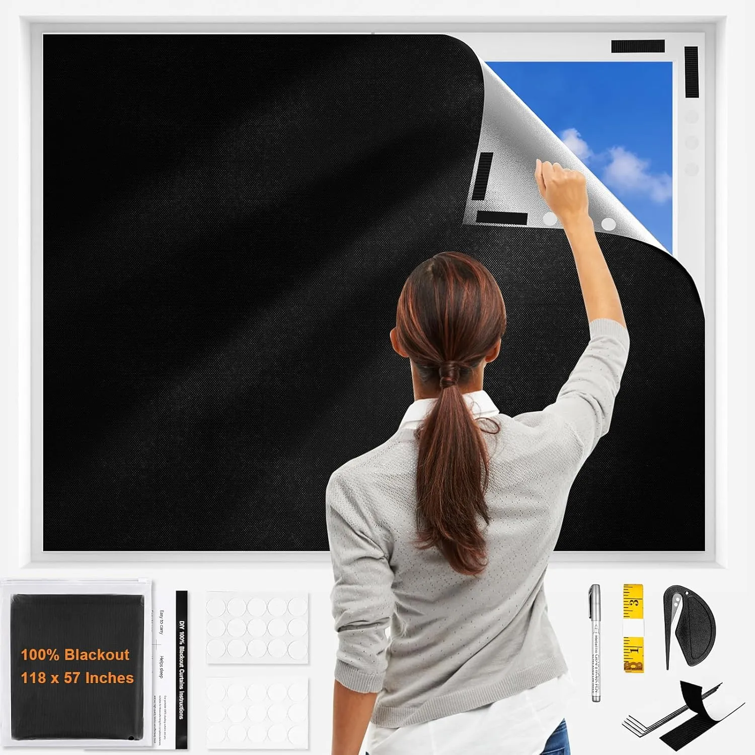 100% Blackout Curtains 118"x57" Portable No Drill Window Shades for Bedroom, Nursery, RV, Dorm Room, Travel, Temporary Blackout Blinds with Stickers & Tabs, DIY Window Cover (Black)