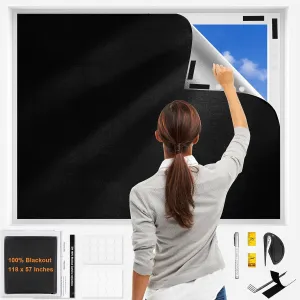 100% Blackout Curtains 118"x57" Portable No Drill Window Shades for Bedroom, Nursery, RV, Dorm Room, Travel, Temporary Blackout Blinds with Stickers & Tabs, DIY Window Cover (Black)