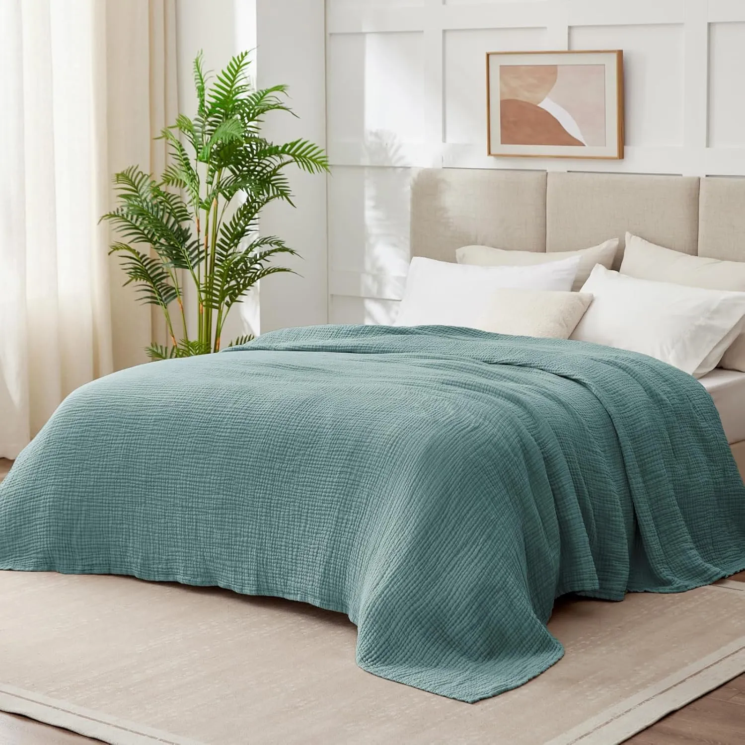 100% Cotton Muslin Blanket Large 50" x 70", 6 Layers Breathable and Lightweight Cotton Throw Blanket for Couch, Soft Quilt Bedspread, Gauze Blanket for Adults All Season, Teal