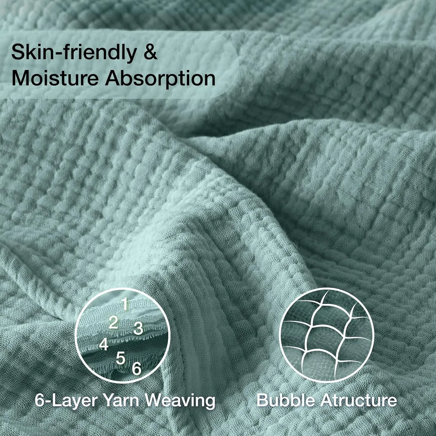 100% Cotton Muslin Blanket Large 50" x 70", 6 Layers Breathable and Lightweight Cotton Throw Blanket for Couch, Soft Quilt Bedspread, Gauze Blanket for Adults All Season, Teal