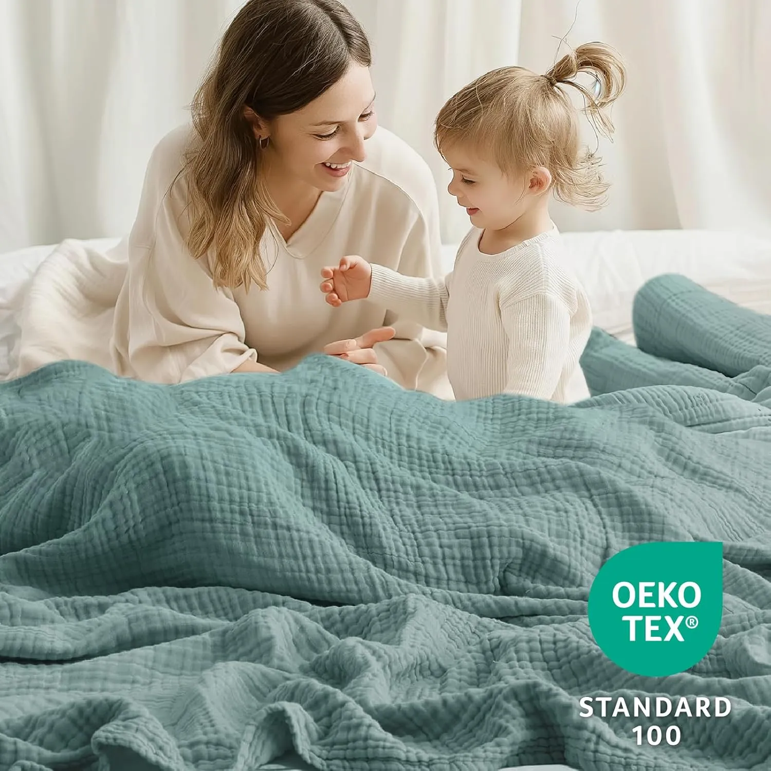 100% Cotton Muslin Blanket Large 50" x 70", 6 Layers Breathable and Lightweight Cotton Throw Blanket for Couch, Soft Quilt Bedspread, Gauze Blanket for Adults All Season, Teal