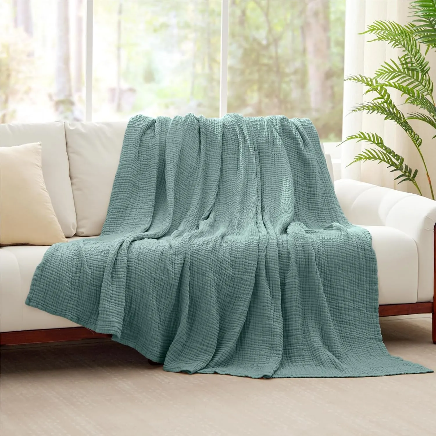 100% Cotton Muslin Blanket Large 50" x 70", 6 Layers Breathable and Lightweight Cotton Throw Blanket for Couch, Soft Quilt Bedspread, Gauze Blanket for Adults All Season, Teal