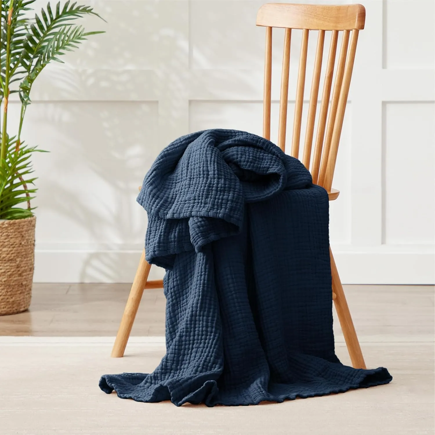 100% Cotton Muslin Blanket Large 50" x 70", 6 Layers Breathable and Lightweight Navy Throw Blanket for Couch, Soft Quilt Bedspread, Gauze Blanket for Adults All Season, Navy, Dark Blue