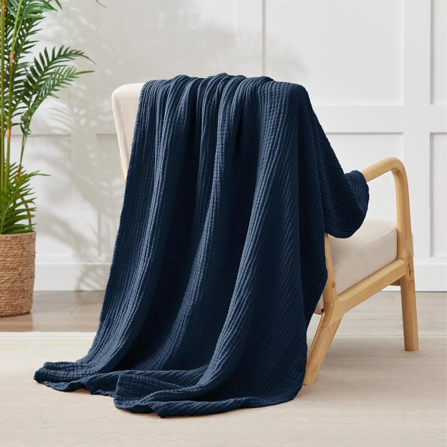100% Cotton Muslin Blanket Large 50" x 70", 6 Layers Breathable and Lightweight Navy Throw Blanket for Couch, Soft Quilt Bedspread, Gauze Blanket for Adults All Season, Navy, Dark Blue