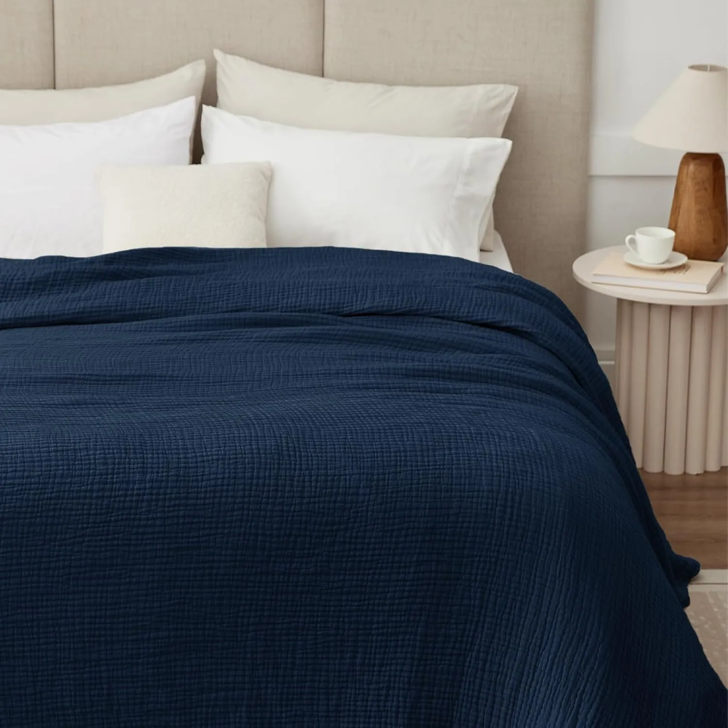 100% Cotton Muslin Blanket Large 50" x 70", 6 Layers Breathable and Lightweight Navy Throw Blanket for Couch, Soft Quilt Bedspread, Gauze Blanket for Adults All Season, Navy, Dark Blue