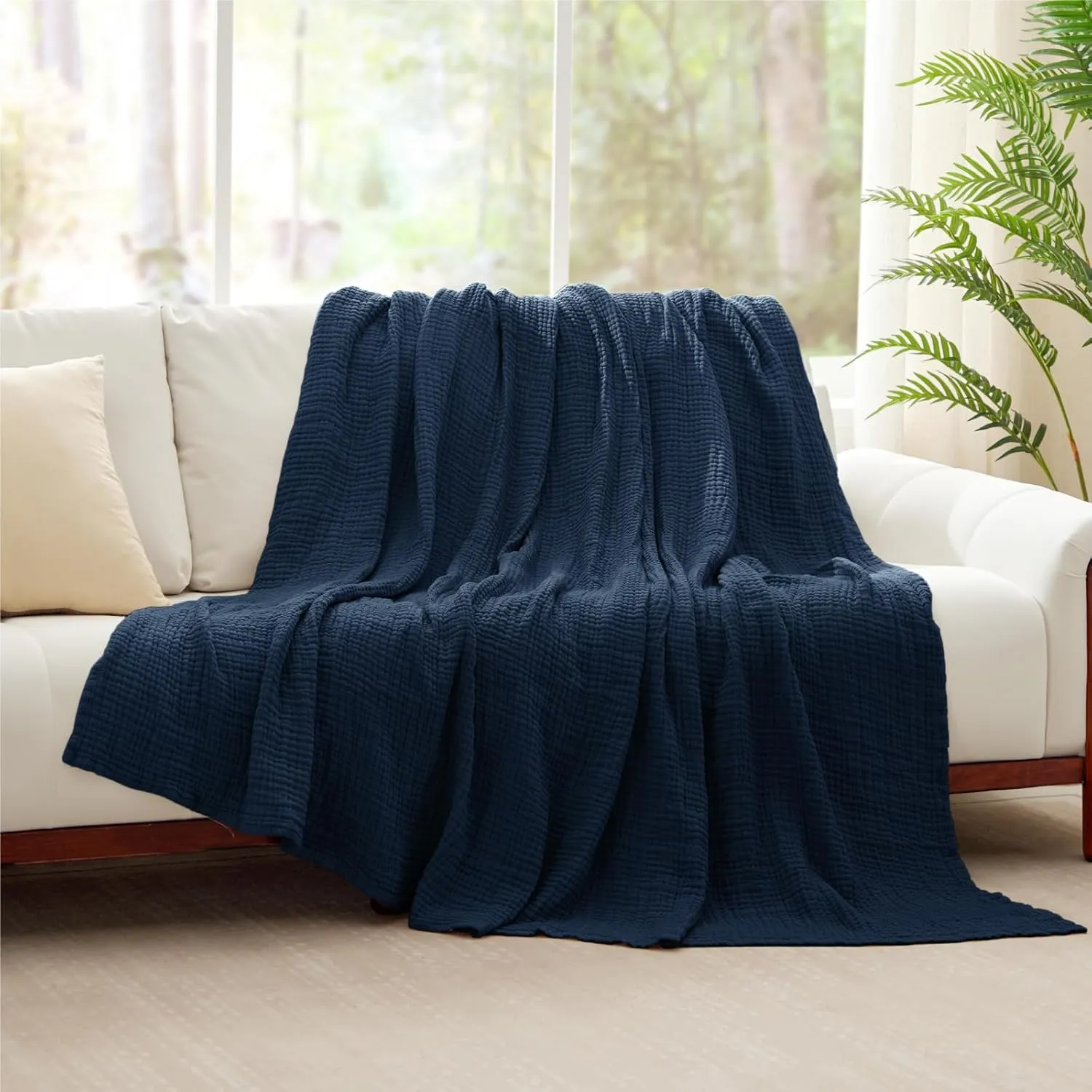 100% Cotton Muslin Blanket Large 50" x 70", 6 Layers Breathable and Lightweight Navy Throw Blanket for Couch, Soft Quilt Bedspread, Gauze Blanket for Adults All Season, Navy, Dark Blue