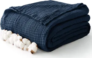 100% Cotton Muslin Blanket Large 50" x 70", 6 Layers Breathable and Lightweight Navy Throw Blanket for Couch, Soft Quilt Bedspread, Gauze Blanket for Adults All Season, Navy, Dark Blue