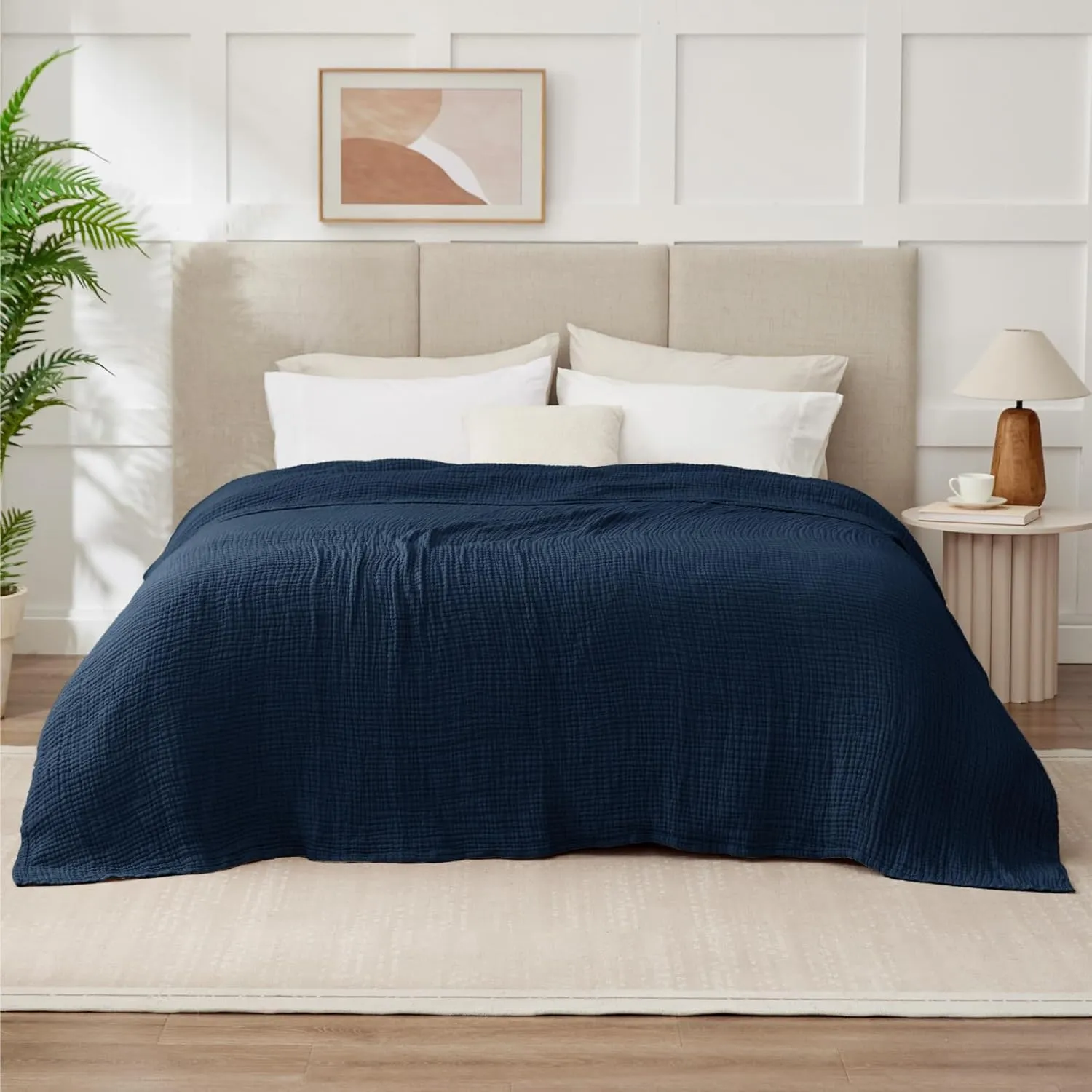100% Cotton Muslin Blanket Large 50" x 70", 6 Layers Breathable and Lightweight Navy Throw Blanket for Couch, Soft Quilt Bedspread, Gauze Blanket for Adults All Season, Navy, Dark Blue