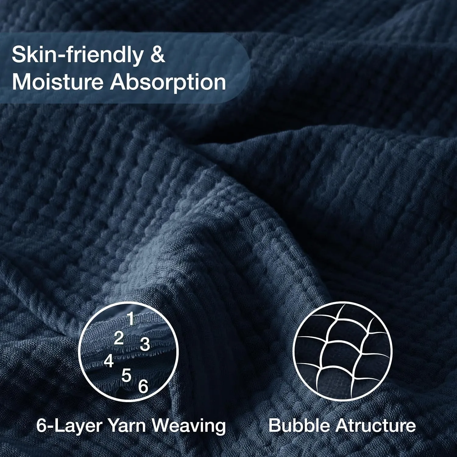 100% Cotton Muslin Blanket Large 50" x 70", 6 Layers Breathable and Lightweight Navy Throw Blanket for Couch, Soft Quilt Bedspread, Gauze Blanket for Adults All Season, Navy, Dark Blue