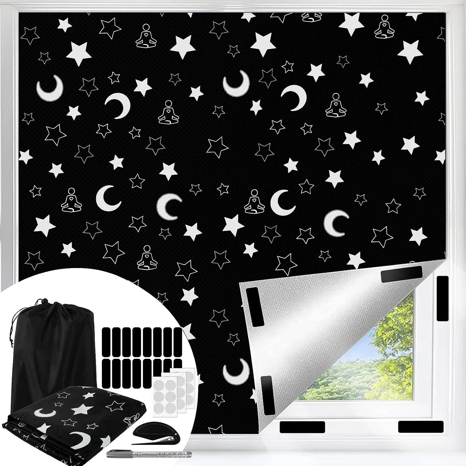 100% Upgraded Blackout Curtains, 98"x57" Portable DIY Blinds, No Drill Travel Blackout Blinds Sunblock Window Cover Black Out Curtains for Bedroom, Nursery, Travel, Touring Car (Star & Moon)