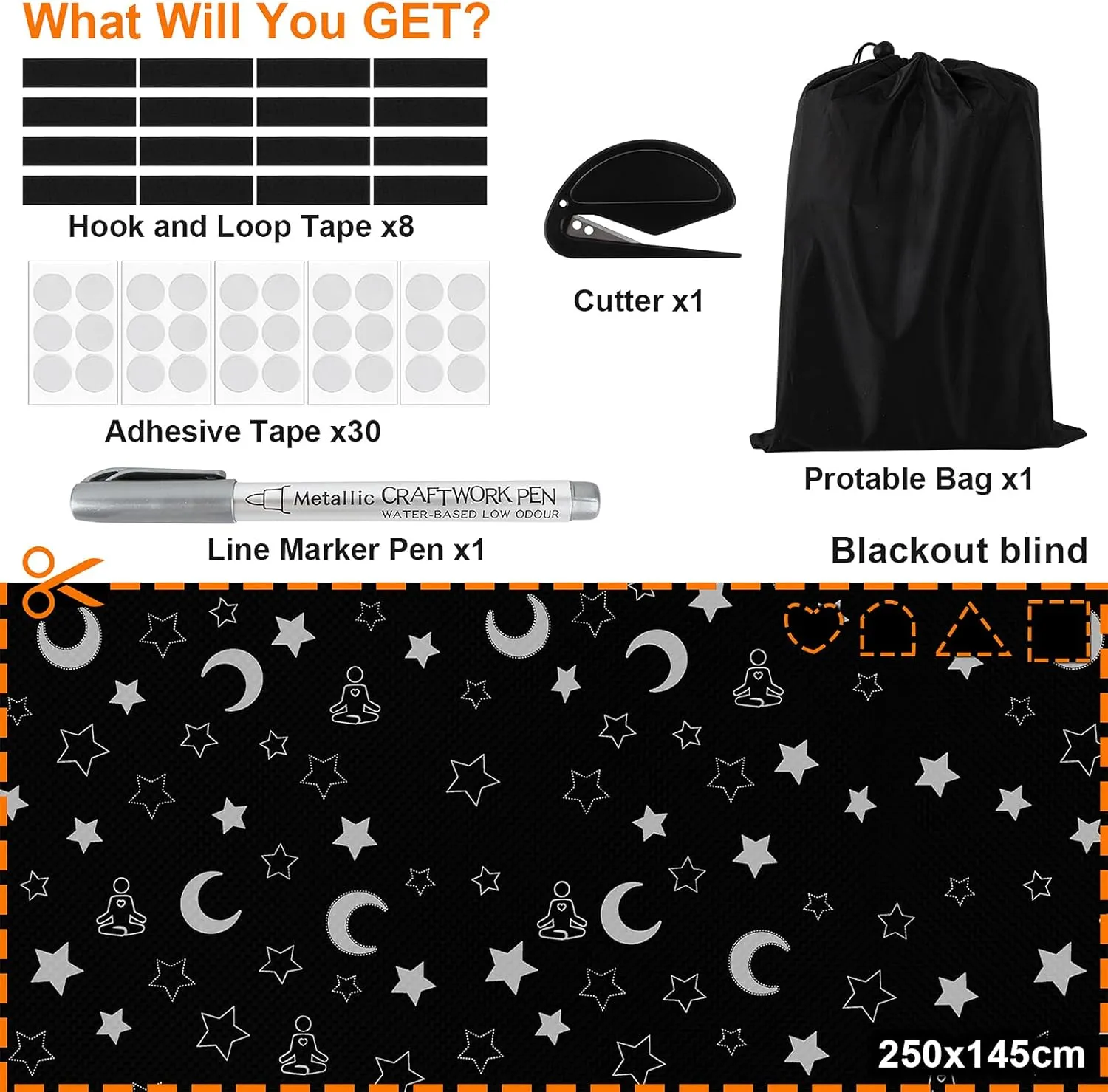 100% Upgraded Blackout Curtains, 98"x57" Portable DIY Blinds, No Drill Travel Blackout Blinds Sunblock Window Cover Black Out Curtains for Bedroom, Nursery, Travel, Touring Car (Star & Moon)