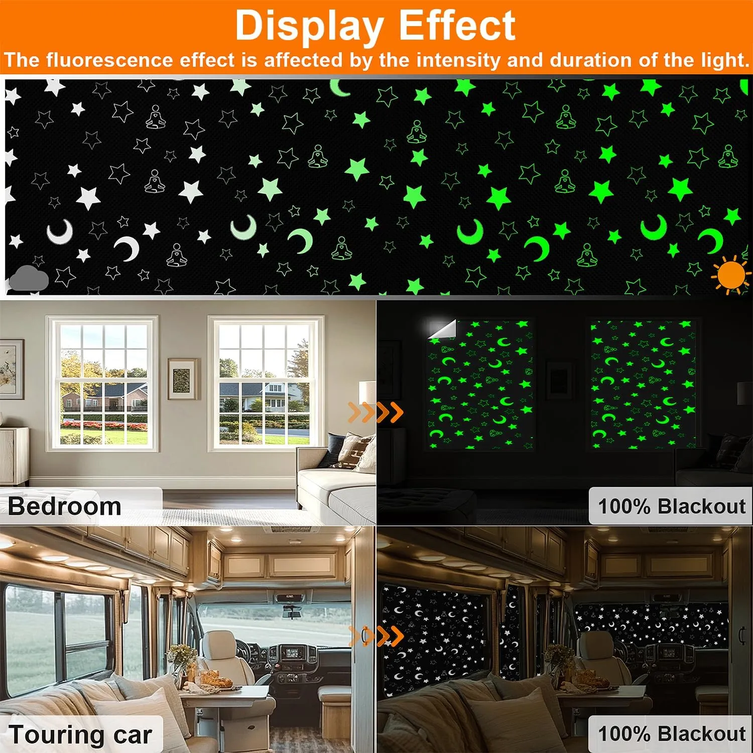 100% Upgraded Blackout Curtains, 98"x57" Portable DIY Blinds, No Drill Travel Blackout Blinds Sunblock Window Cover Black Out Curtains for Bedroom, Nursery, Travel, Touring Car (Star & Moon)