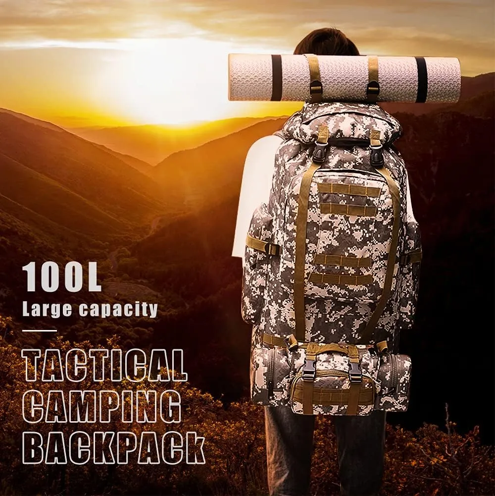 100L Camping Hiking Backpack,Molle military Tactical rucksack backpack,Waterproof Lightweight Hiking Backpack (Khaki-C)