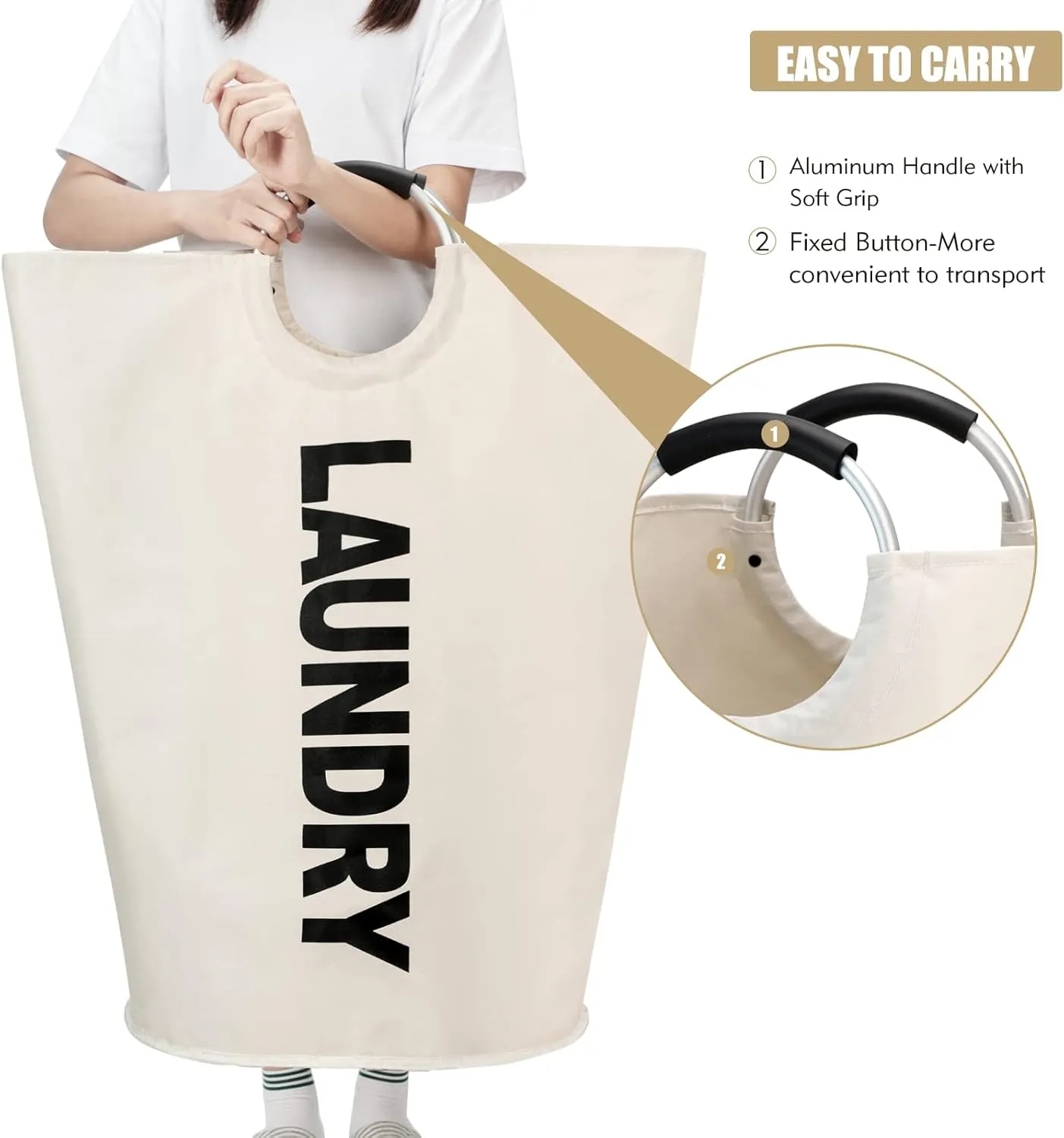 125L X-Large Laundry Basket, Freestanding Tall Clothes Hamper, Collapsible Laundry Bag, Waterproof with Foam Protected Aluminum Handles for College Dorm, Family,Beige
