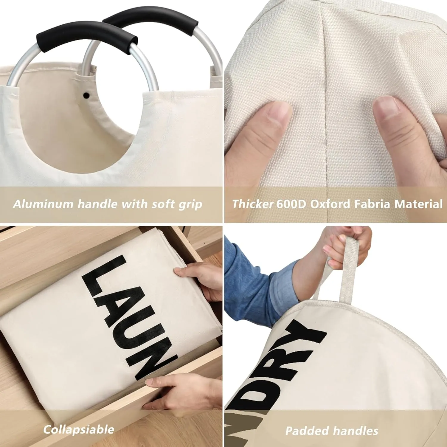 125L X-Large Laundry Basket, Freestanding Tall Clothes Hamper, Collapsible Laundry Bag, Waterproof with Foam Protected Aluminum Handles for College Dorm, Family,Beige