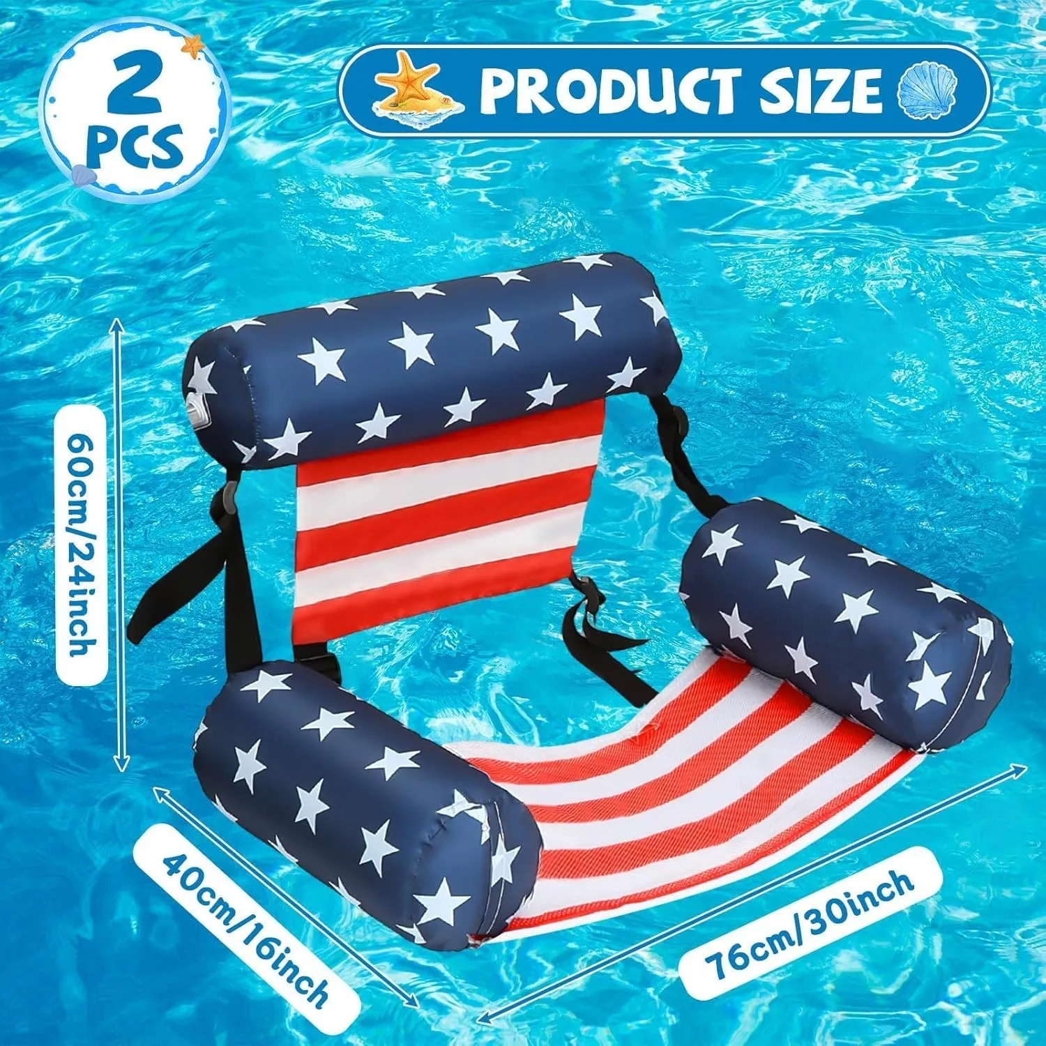 2 Pack Patriotic Inflatable Pool Floats Chair American Flag Floating Lounge Chairs Adjustable for Adults Heavy Duty Blow Up Swimming Floating for 4th of July Party Summer Water Beach Lake