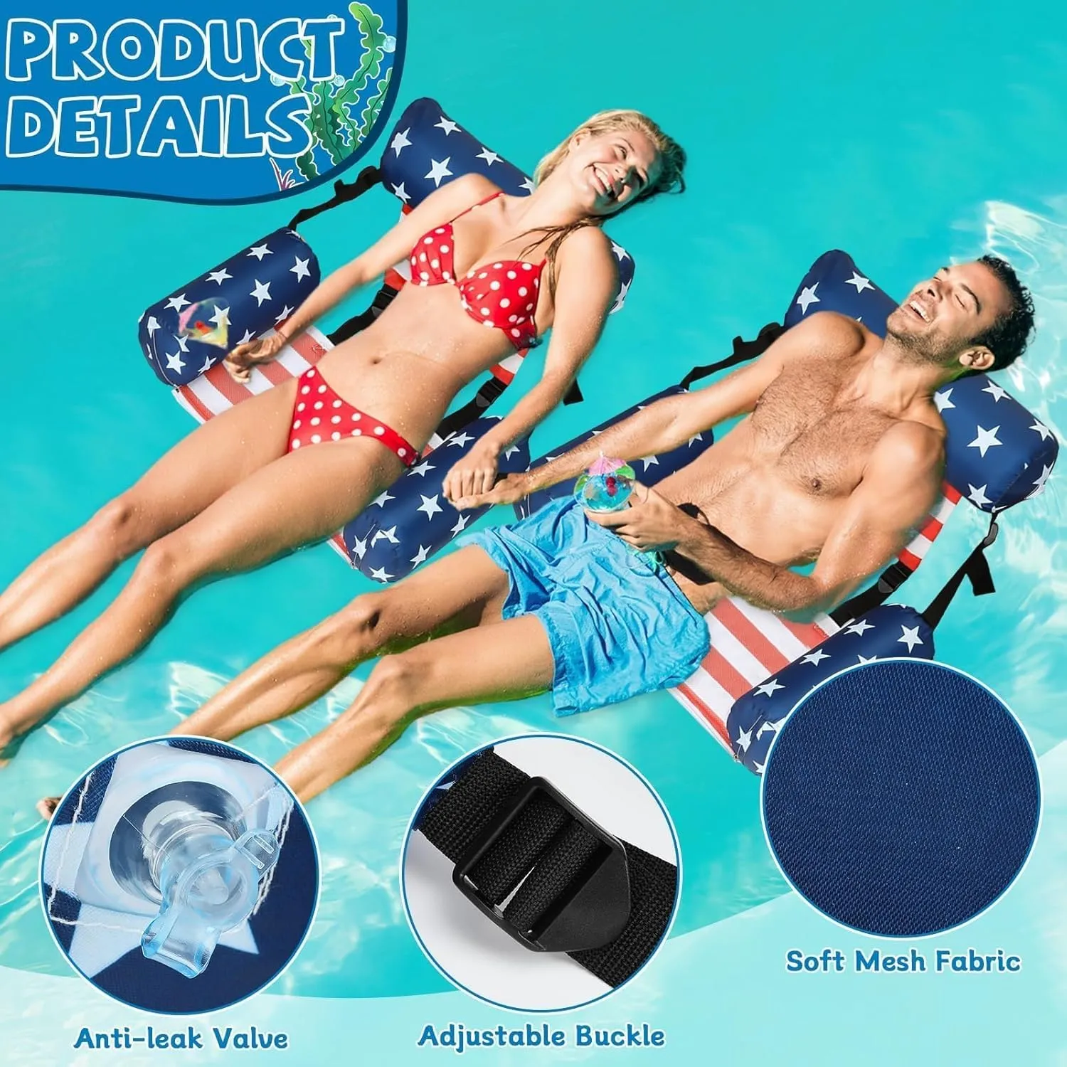 2 Pack Patriotic Inflatable Pool Floats Chair American Flag Floating Lounge Chairs Adjustable for Adults Heavy Duty Blow Up Swimming Floating for 4th of July Party Summer Water Beach Lake