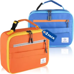 2 Packs Insulated Soft Lunch Bag With Double Zipper - Sturdy, Freezable and Reusable for Kids, Men - For School, Work, Outdoor (B-2pk Blue Orange)