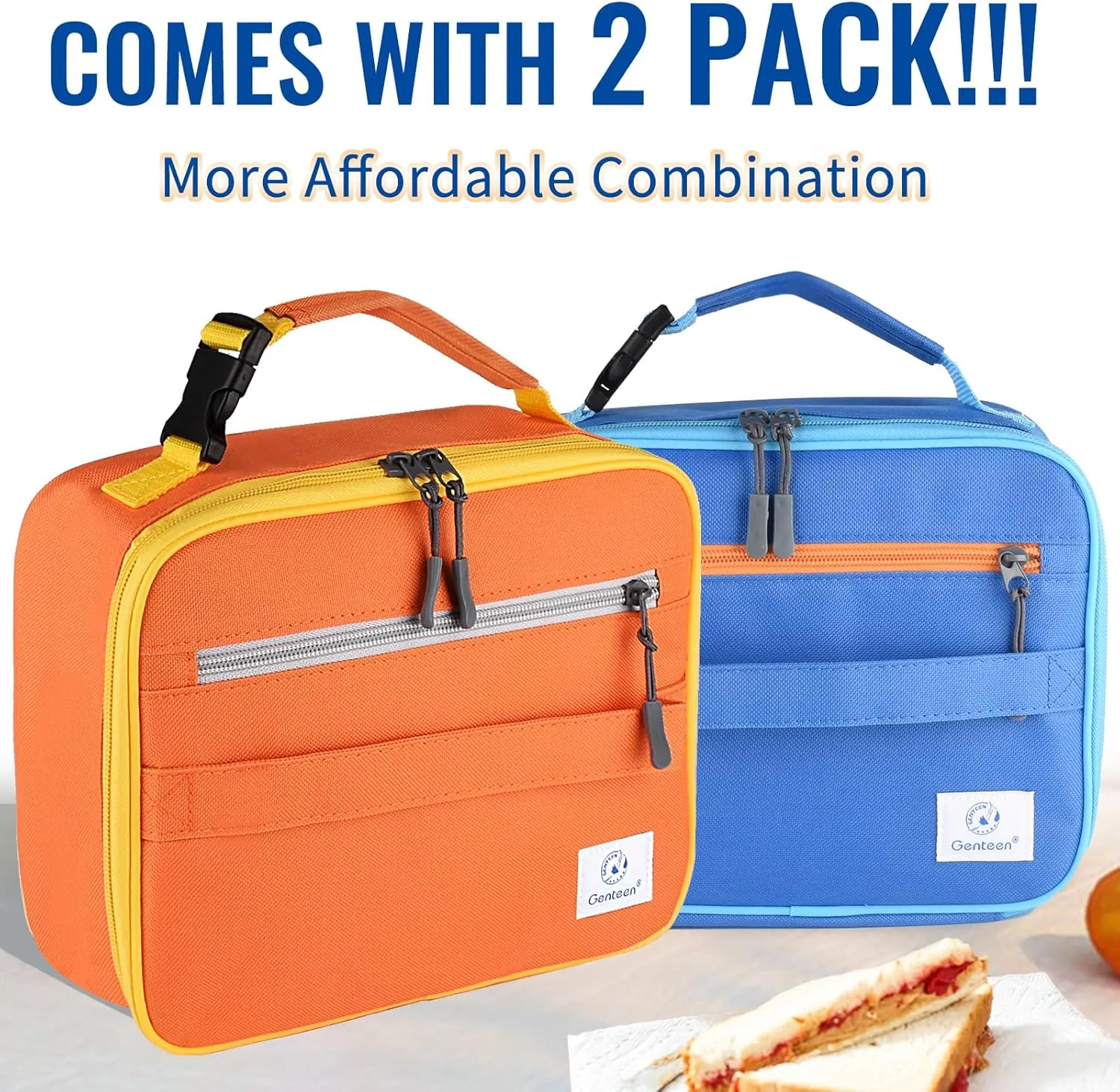 2 Packs Insulated Soft Lunch Bag With Double Zipper - Sturdy, Freezable and Reusable for Kids, Men - For School, Work, Outdoor (B-2pk Blue Orange)