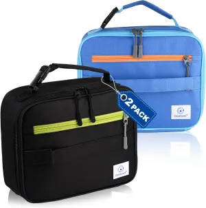 2 Packs Insulated Soft Lunch Bag With Double Zipper - Sturdy, Freezable and Reusable for Kids, Men - For School, Work, Outdoor (Black & Blue)