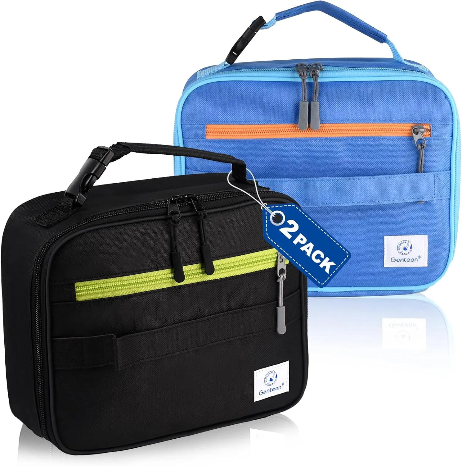 2 Packs Insulated Soft Lunch Bag With Double Zipper - Sturdy, Freezable and Reusable for Kids, Men - For School, Work, Outdoor (Black & Blue)