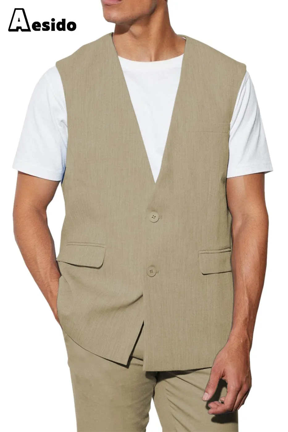 2 Piece Casual V Neck Double Button Man's Sleeveless Jacket (Waistcoat Pants)