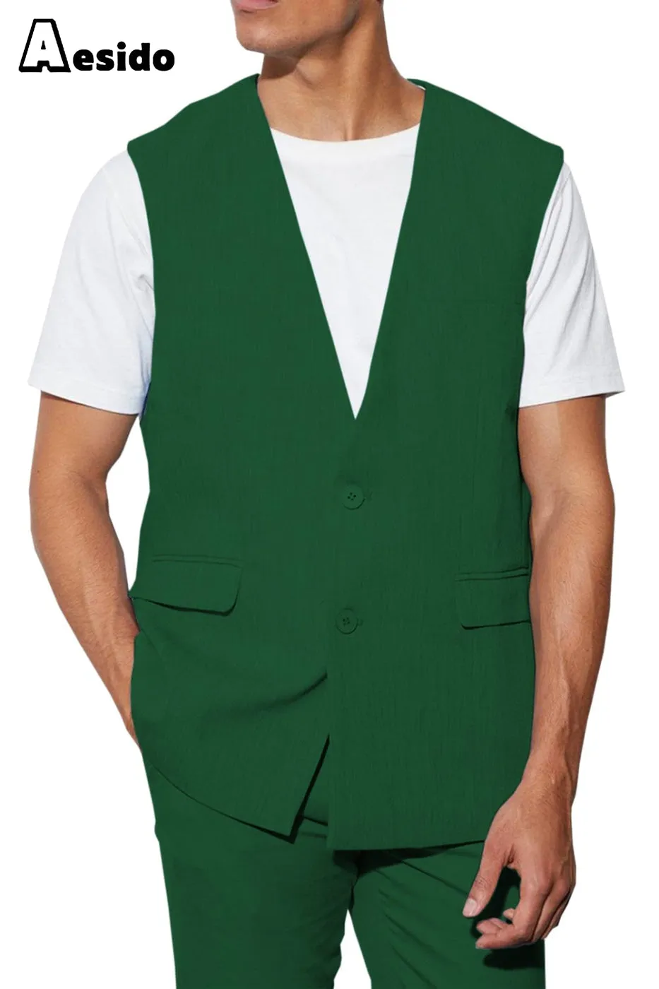 2 Piece Casual V Neck Double Button Man's Sleeveless Jacket (Waistcoat Pants)