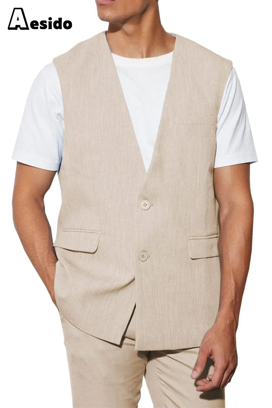 2 Piece Casual V Neck Double Button Man's Sleeveless Jacket (Waistcoat Pants)