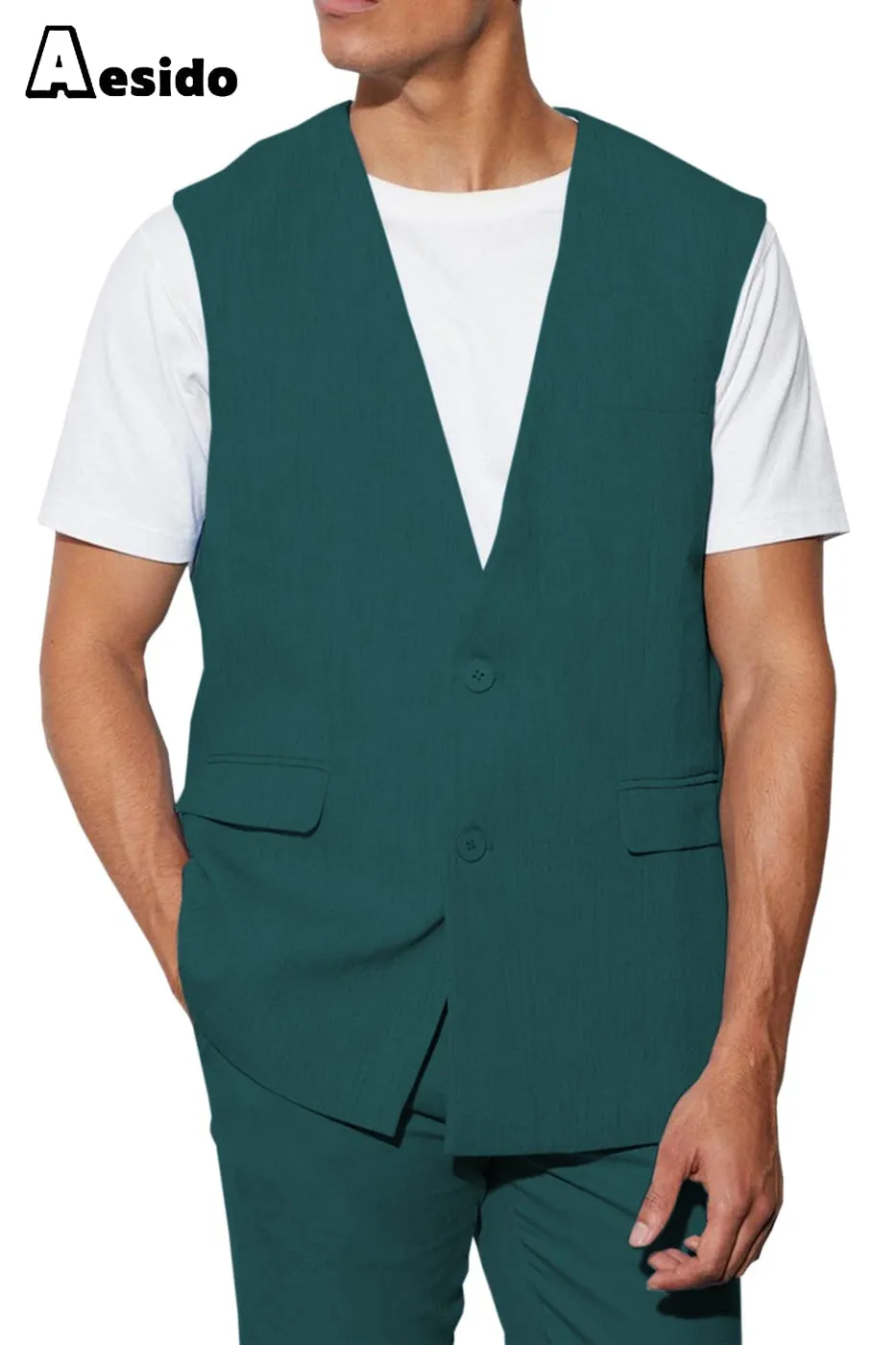 2 Piece Casual V Neck Double Button Man's Sleeveless Jacket (Waistcoat Pants)