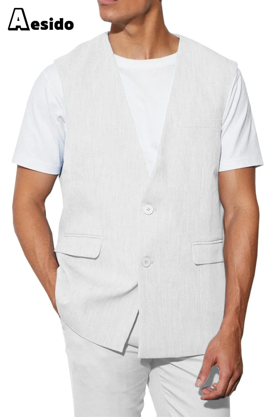 2 Piece Casual V Neck Double Button Man's Sleeveless Jacket (Waistcoat Pants)