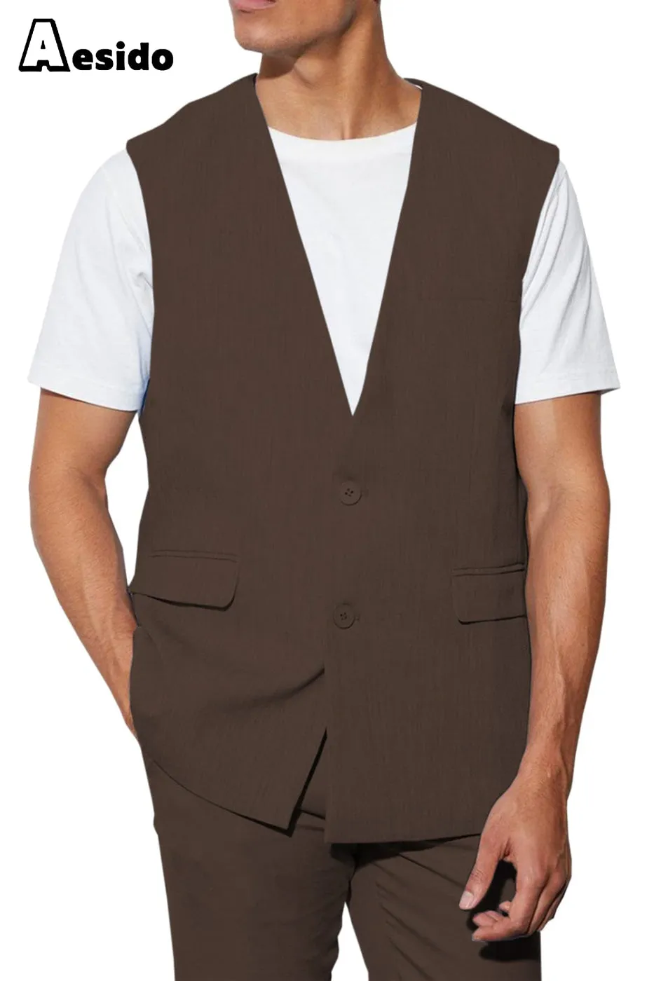 2 Piece Casual V Neck Double Button Man's Sleeveless Jacket (Waistcoat Pants)