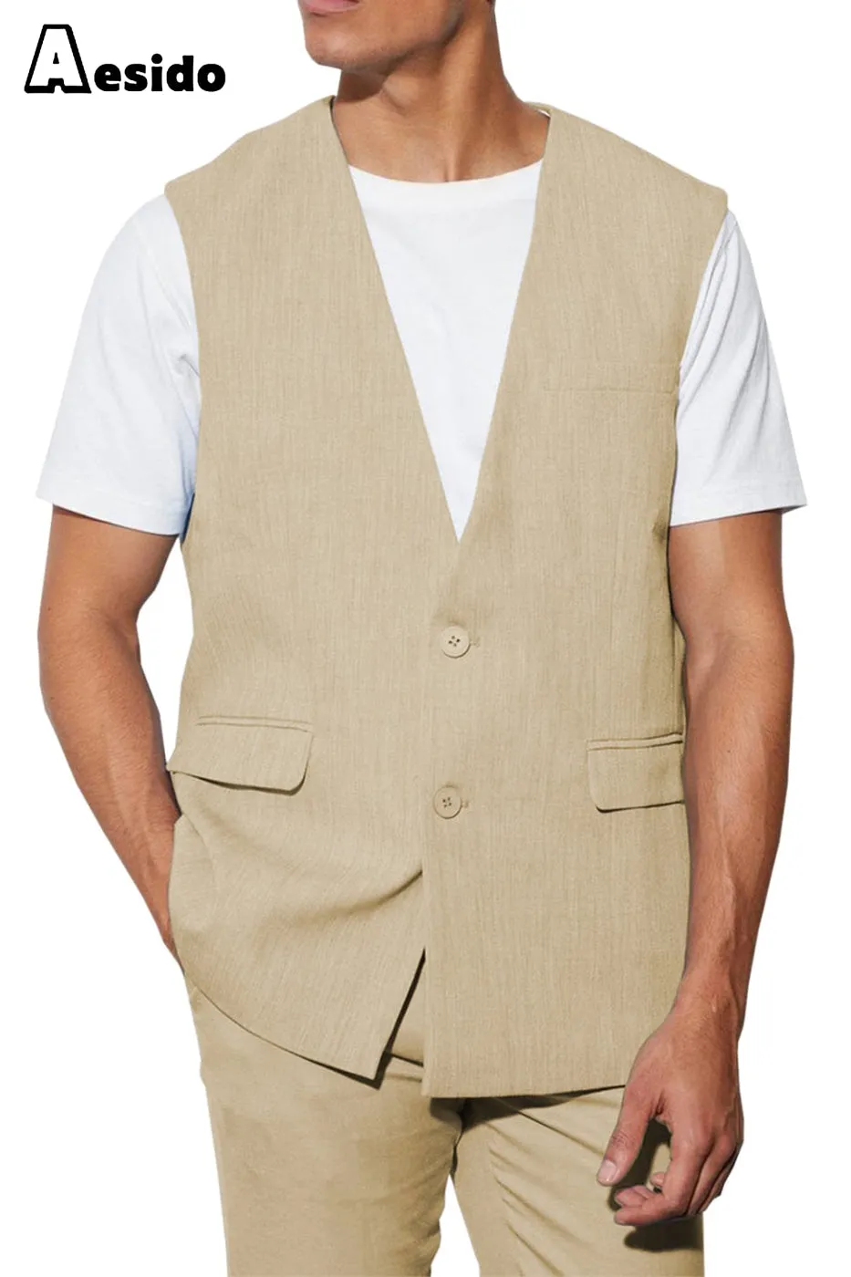 2 Piece Casual V Neck Double Button Man's Sleeveless Jacket (Waistcoat Pants)