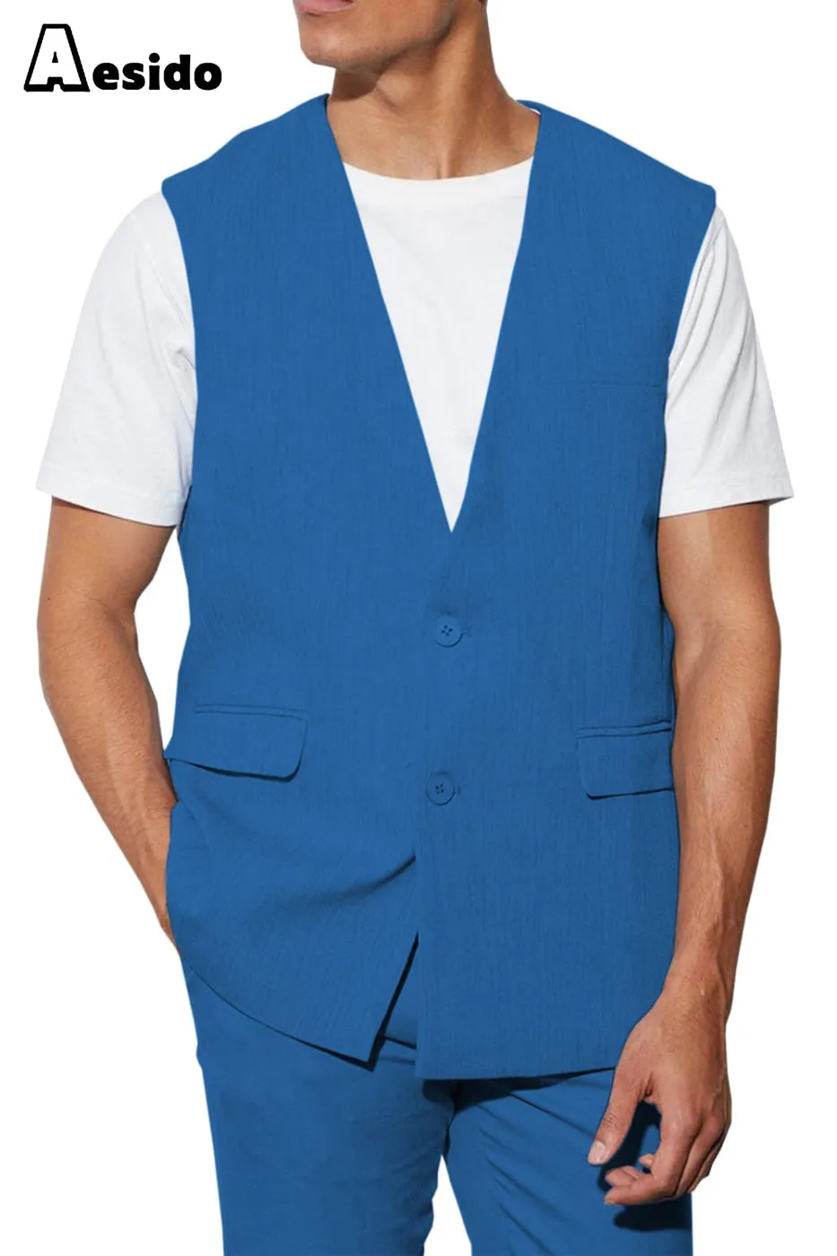 2 Piece Casual V Neck Double Button Man's Sleeveless Jacket (Waistcoat Pants)