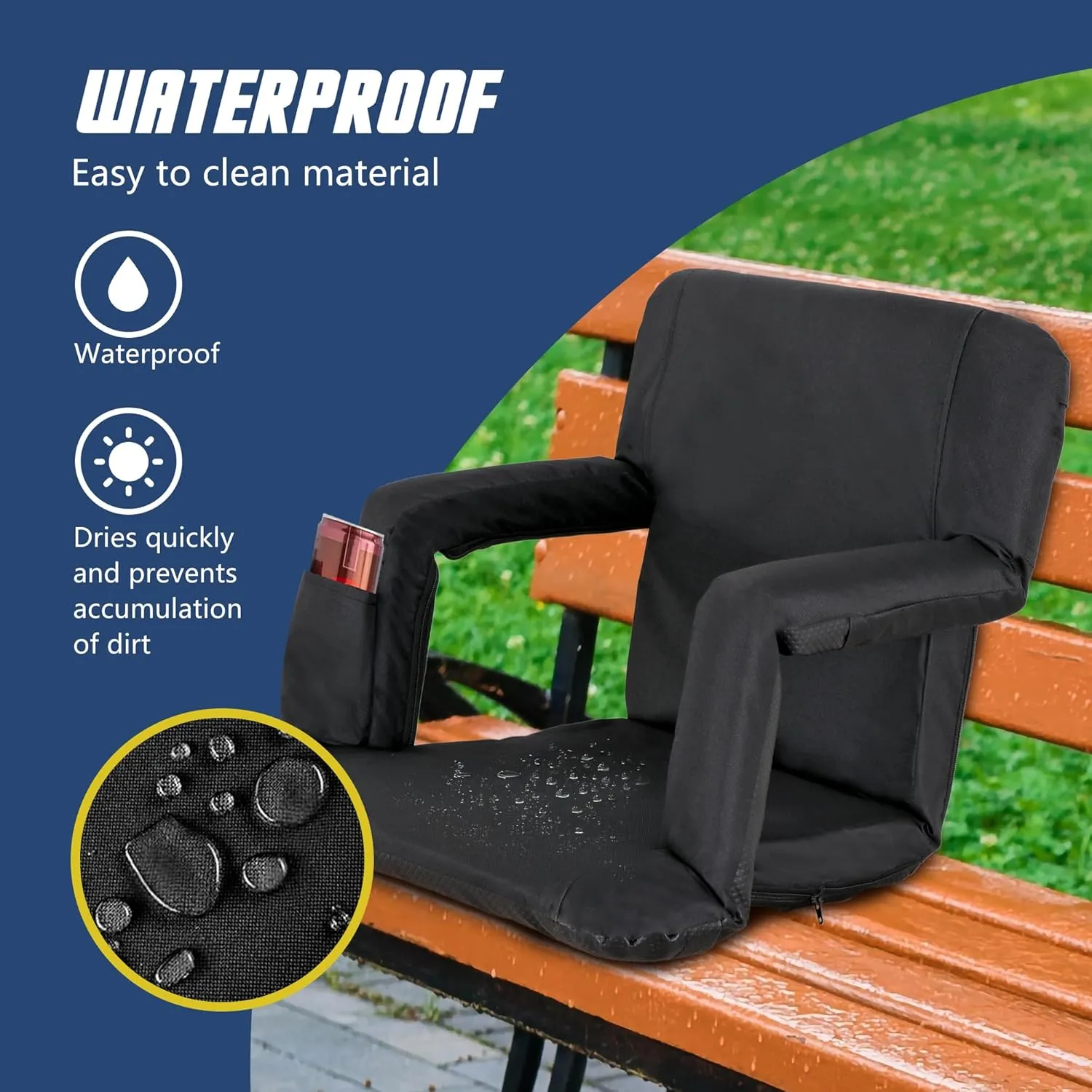 20.5"/25" Wide Stadium Seats for Bleachers Portable Outdoor Floor Chairs with Straps Armrest 6-Reclining Adjustable Back Support Water Resistant Anti-Slip Base