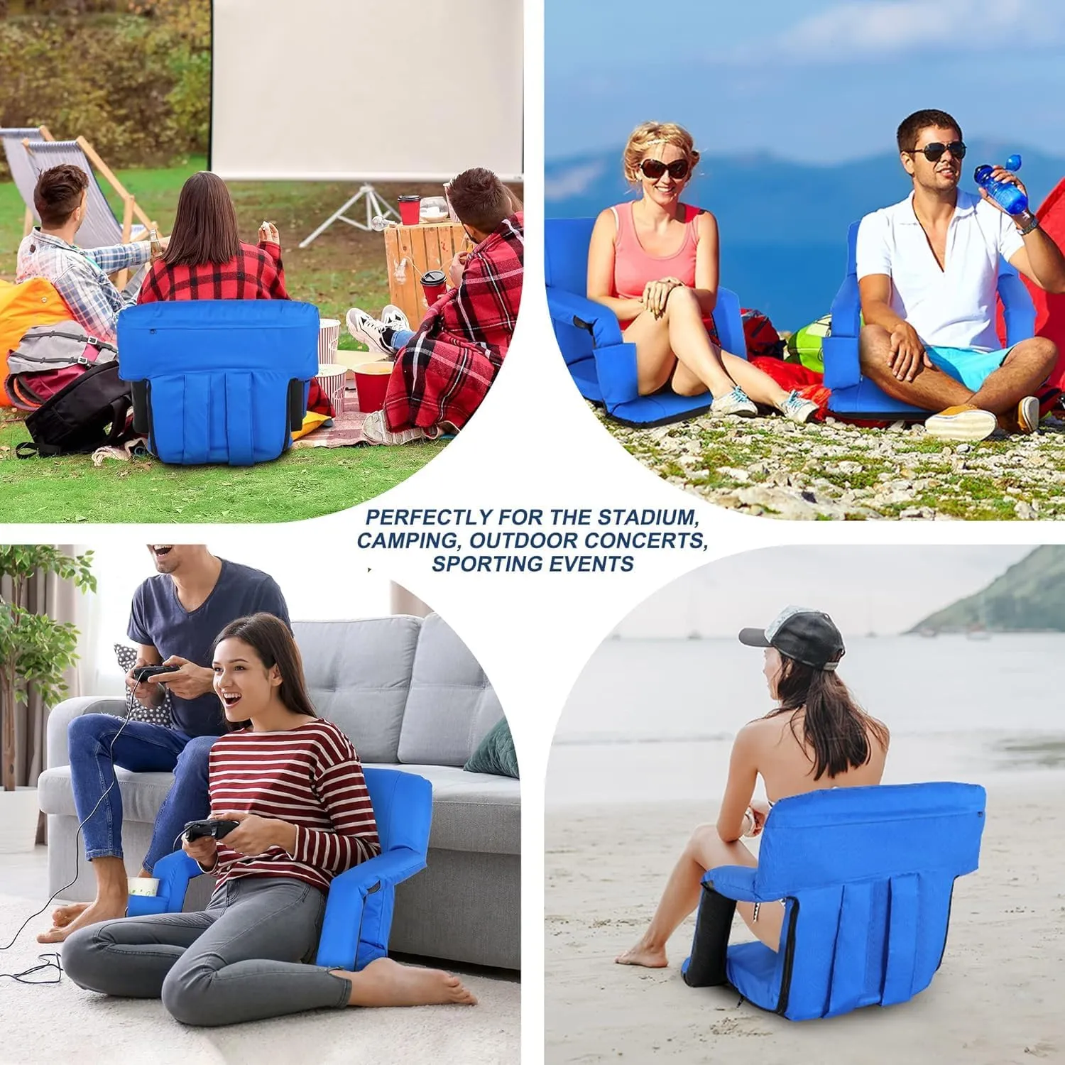 20.5"/25" Wide Stadium Seats for Bleachers Portable Outdoor Floor Chairs with Straps Armrest 6-Reclining Adjustable Back Support Water Resistant Anti-Slip Base