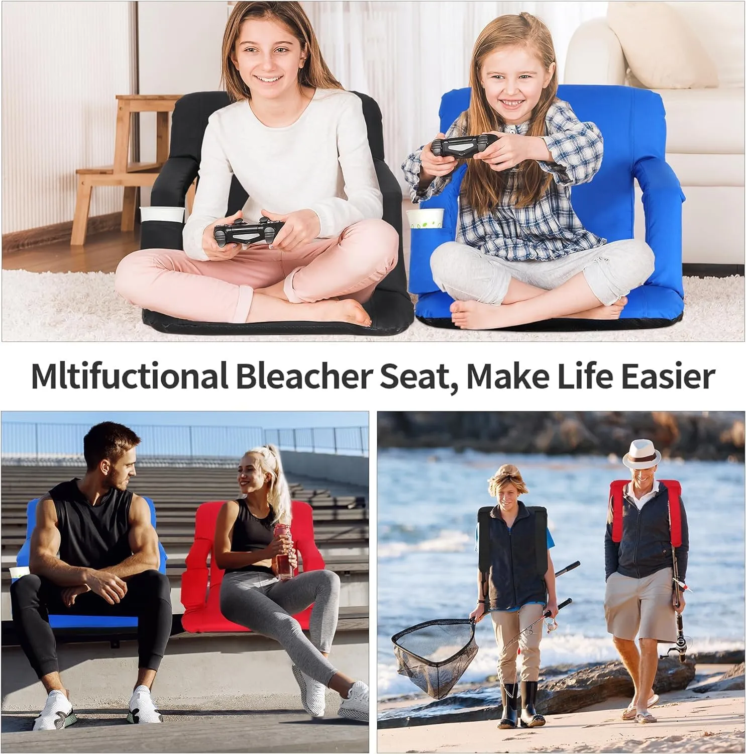 20.5"/25" Wide Stadium Seats for Bleachers Portable Outdoor Floor Chairs with Straps Armrest 6-Reclining Adjustable Back Support Water Resistant Anti-Slip Base