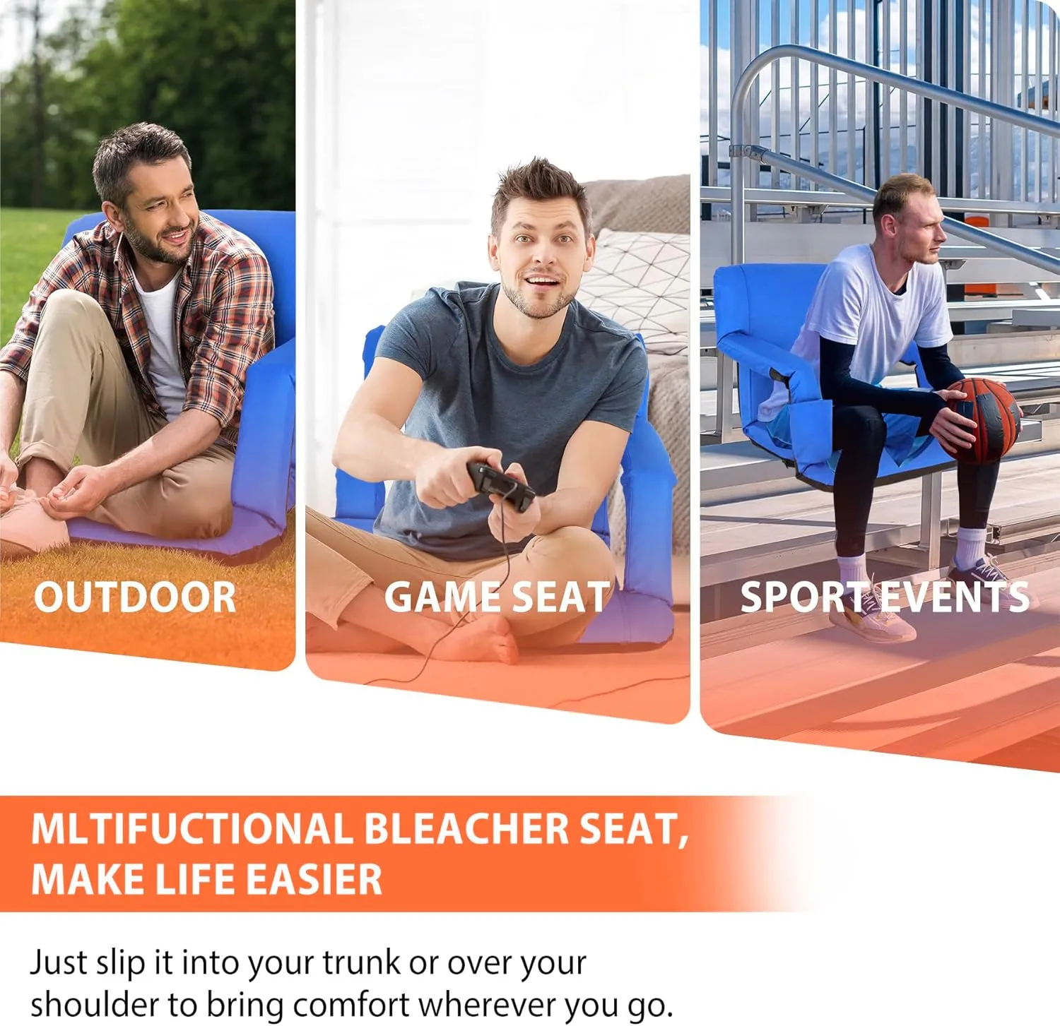 20.5"/25" Wide Stadium Seats for Bleachers Portable Outdoor Floor Chairs with Straps Armrest 6-Reclining Adjustable Back Support Water Resistant Anti-Slip Base