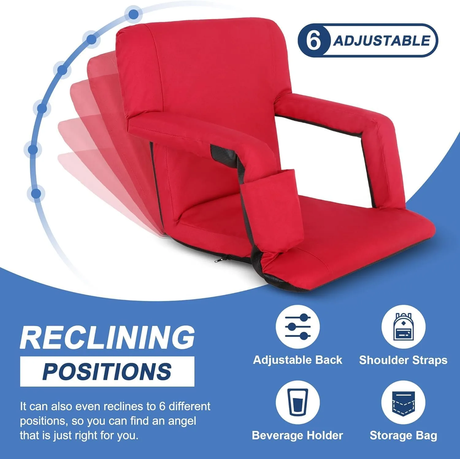 20.5"/25" Wide Stadium Seats for Bleachers Portable Outdoor Floor Chairs with Straps Armrest 6-Reclining Adjustable Back Support Water Resistant Anti-Slip Base