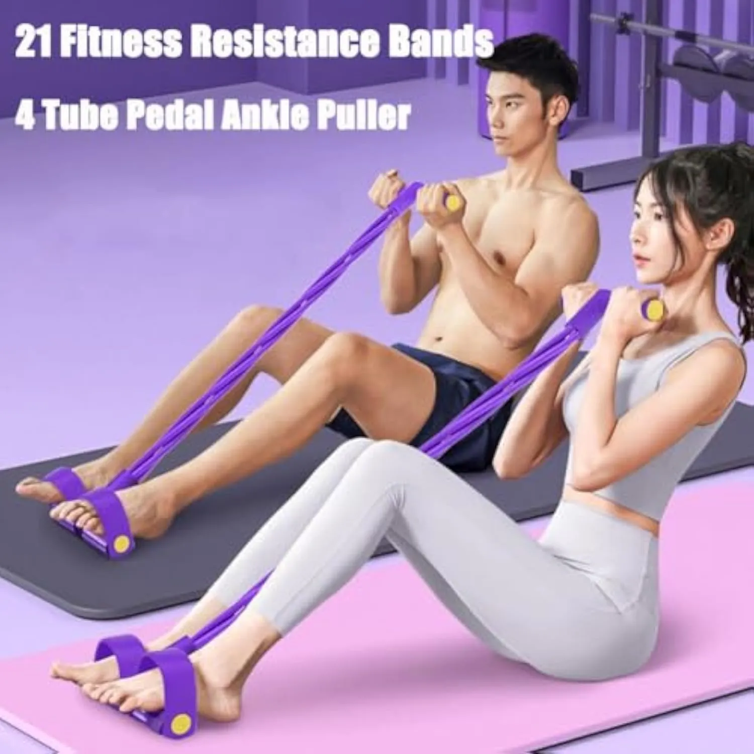 21 Fitness Resistance Bands-4 Tube Pedal Ankle Puller, Pedal Resistance Band with Handle, 2025 Upgrade Multifunction Tension Rope, for Abdomen/Waist/Arm/Leg Stretching Slimming Training