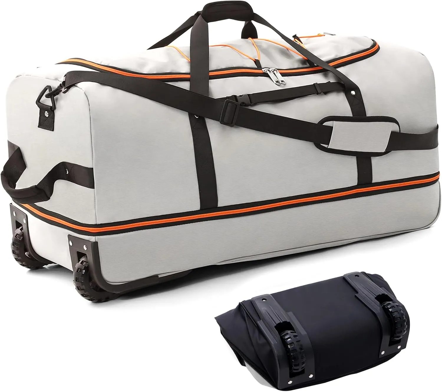 32” Soft Sided Foldable Duffel Bag without Telescopic Handle,110L 140L Expandable Rolling Travel Bag with 2 Wheels,Multiple Compartments,Grey