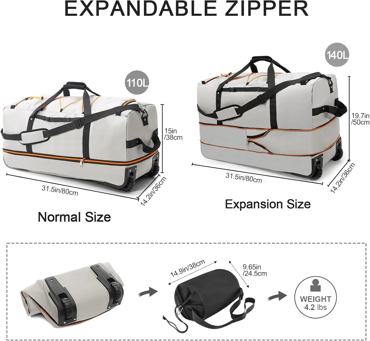 32” Soft Sided Foldable Duffel Bag without Telescopic Handle,110L 140L Expandable Rolling Travel Bag with 2 Wheels,Multiple Compartments,Grey
