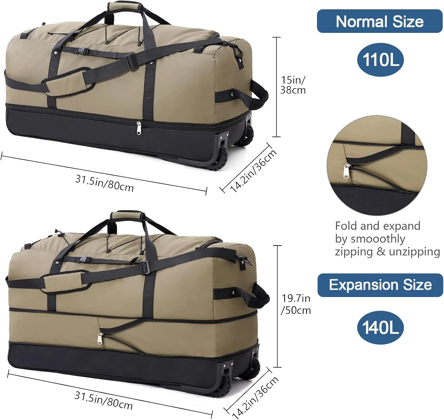 32" 110L Expandable 140L Soft-Sided Rolling Duffle Bag, Foldable Extra Large Sport Bag with 2-Inline Wheels, Army Green