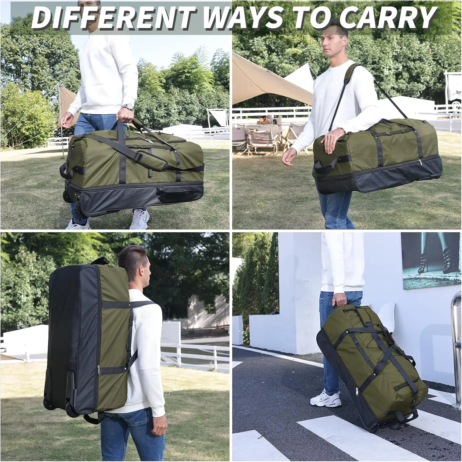 32" 110L Expandable 140L Soft-Sided Rolling Duffle Bag, Foldable Extra Large Sport Bag with 2-Inline Wheels, Army Green