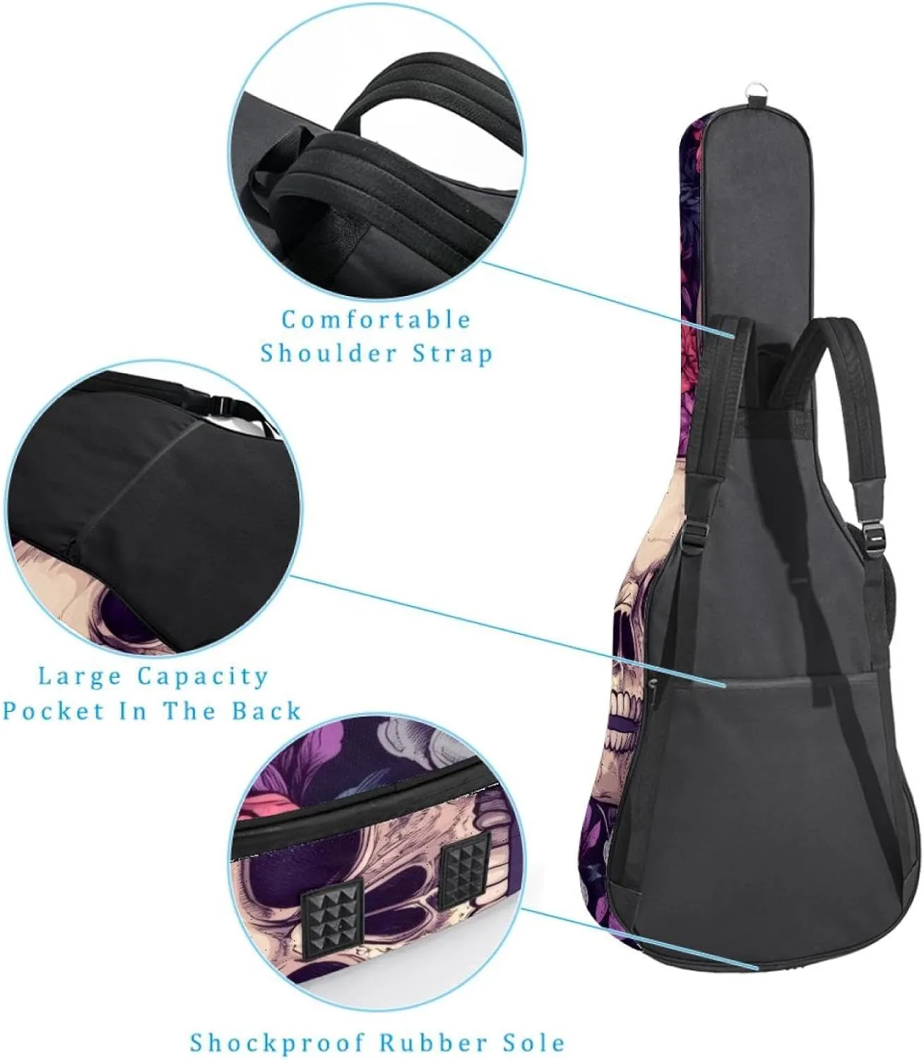 40 41 42 Inch Guitar Gig Bag, 0.4 In Thick Sponge Soft Padded Guitar Case Cover for Acoustic Electric Bass Classical Guitar, Sugar Skulls in Flower Wreaths