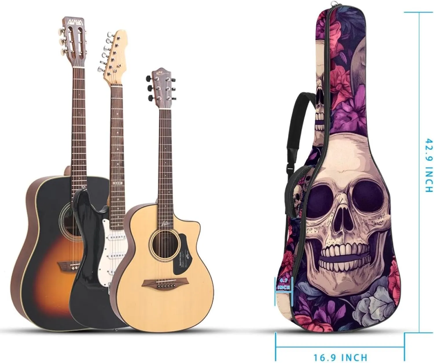 40 41 42 Inch Guitar Gig Bag, 0.4 In Thick Sponge Soft Padded Guitar Case Cover for Acoustic Electric Bass Classical Guitar, Sugar Skulls in Flower Wreaths