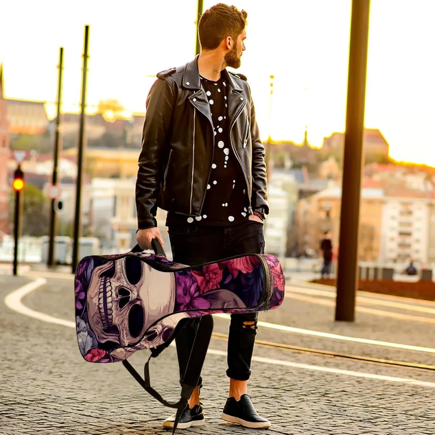 40 41 42 Inch Guitar Gig Bag, 0.4 In Thick Sponge Soft Padded Guitar Case Cover for Acoustic Electric Bass Classical Guitar, Sugar Skulls in Flower Wreaths