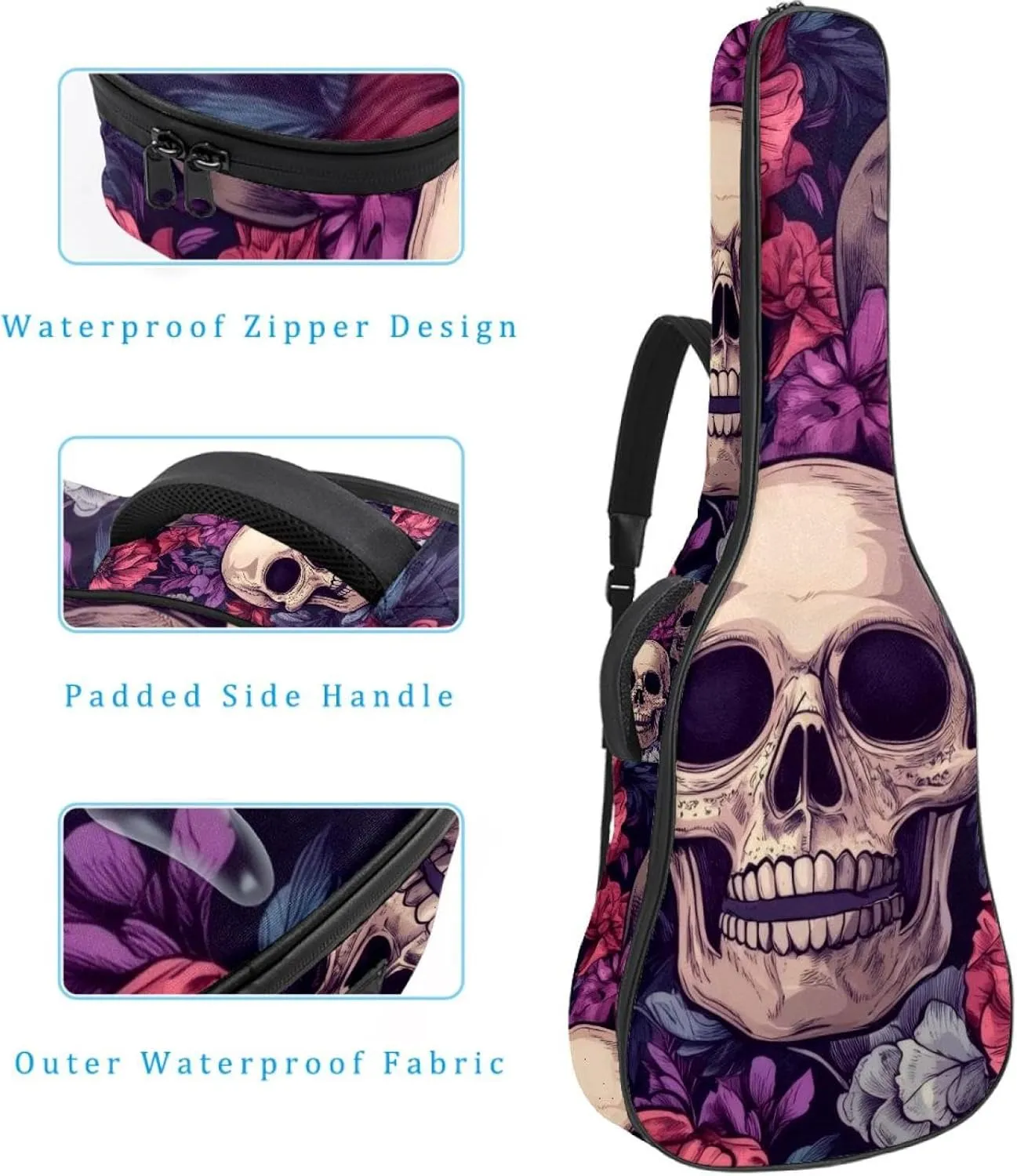 40 41 42 Inch Guitar Gig Bag, 0.4 In Thick Sponge Soft Padded Guitar Case Cover for Acoustic Electric Bass Classical Guitar, Sugar Skulls in Flower Wreaths