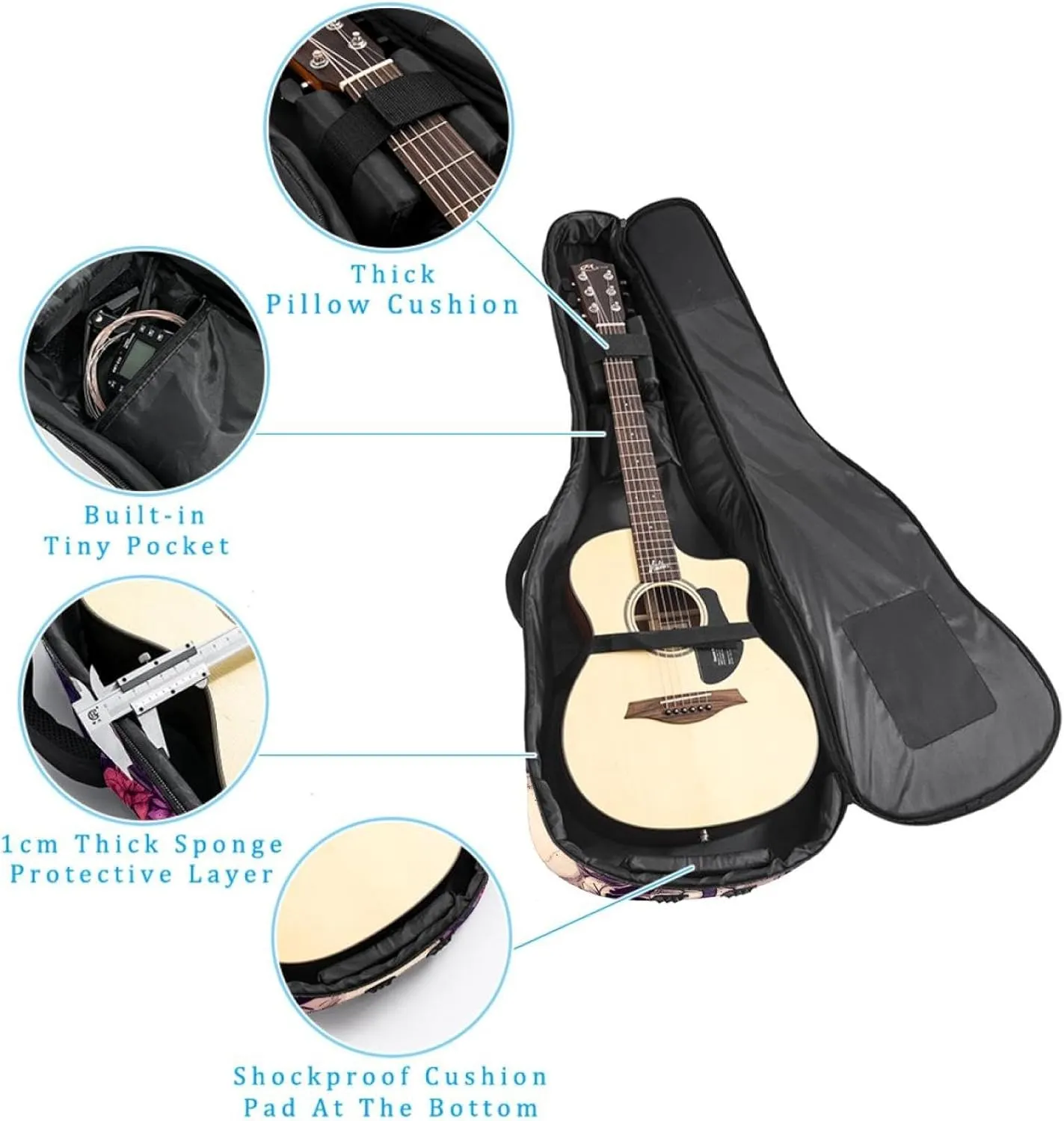 40 41 42 Inch Guitar Gig Bag, 0.4 In Thick Sponge Soft Padded Guitar Case Cover for Acoustic Electric Bass Classical Guitar, Sugar Skulls in Flower Wreaths