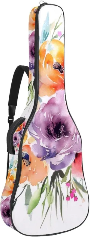40 41 42 Inch Guitar Gig Bag, 0.4 In Thick Sponge Soft Padded Guitar Case Cover for Acoustic Electric Bass Classical Guitar, Watercolor Colorful Flower Bouquet Pattern